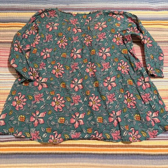 Natural Life Womens Floral Cotton Gauze Tunic Boho Pintuck V-Neck Top Teal L/XL - Picture 4 of 8